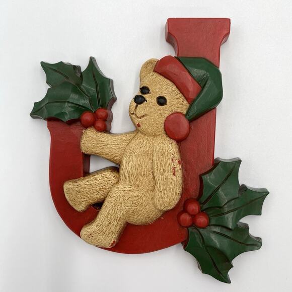 Home Interiors Homeco JOY Teddy Bear Christmas Wall Decor Plaques Holly Vintage - Picture 2 of 12